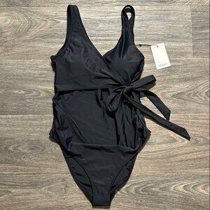 Quince Small talian Maternity Plunge Wrap One Piece Swimsuit Black Bathing Suit
